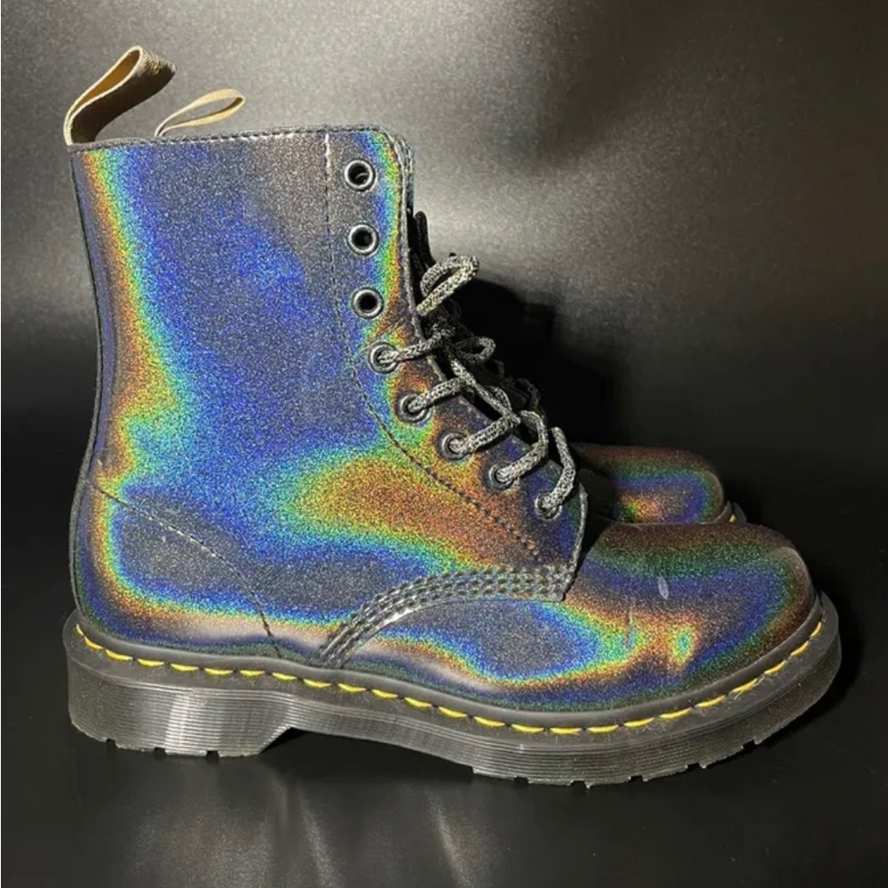 Holographic Dr. Martens 1460 Pascal Prism Iridescent Gunmetal Vegan Ankle Boots